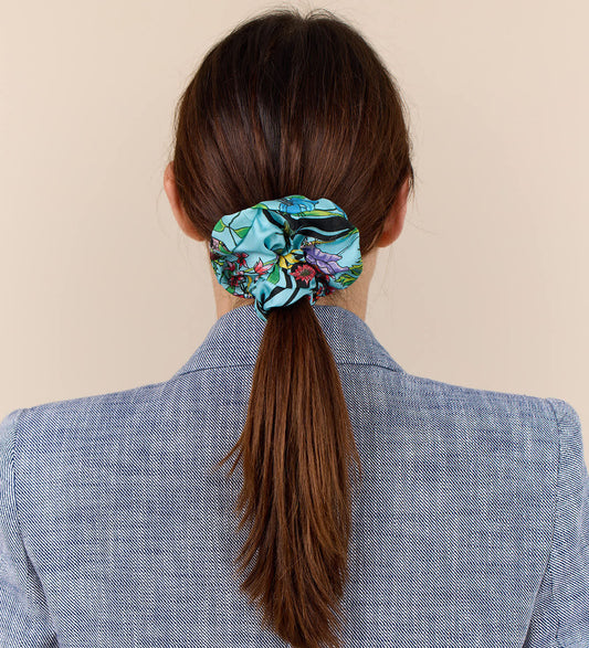 Living Garden Hair Scrunchie. 100% silk. Turquoise, pink, black. Bella Ballou