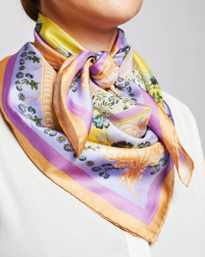 Sherbert Garden Seidenschal. Groß. 100 % Seide. Lila, Gelb und Rosa. Flora Danica Dänemark
