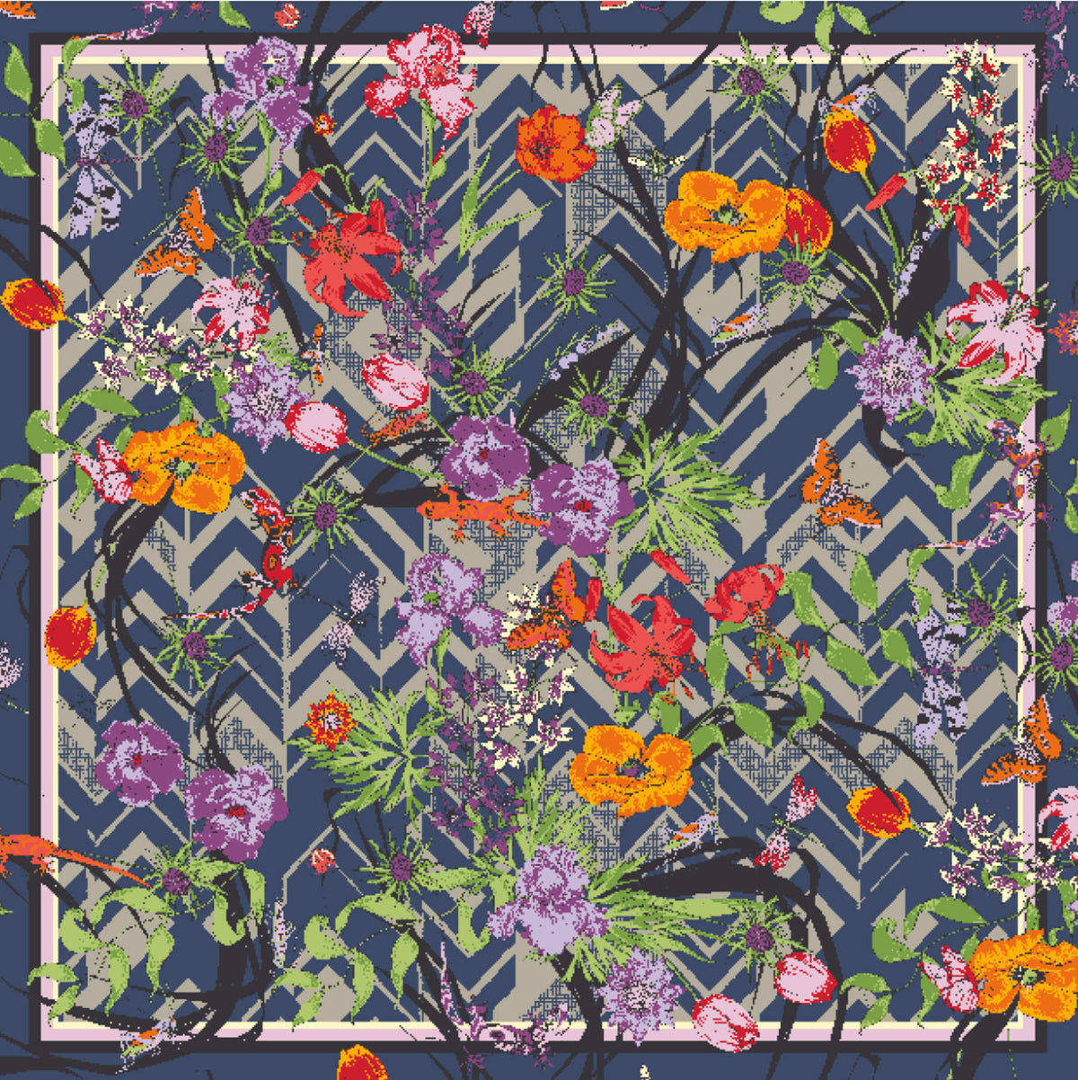 Living Garden Zigzagged scarf. 100% silk. Blue, sand, green, red, orange. Bella Ballou