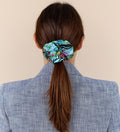 Living Garden Hair Scrunchie. 100% silk. Turquoise, pink, black. Bella Ballou