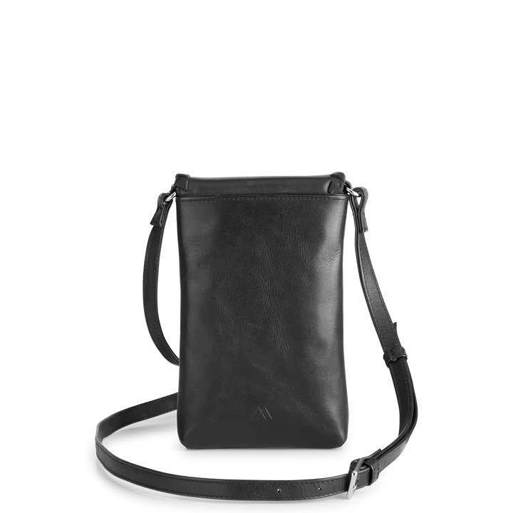 LuccaMBG mobile bag with strap. Whipstitch model. Black. Leather. Markberg