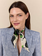 Monochrome Twilly narrow scarf. 100% silk. Cream, black, green. Bella Ballou