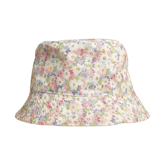 Bøllehat med blomster prints. Vendbar hat. Lyserød, grøn, blå  og hvid. Polyester