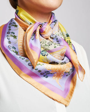 Sherbert Garden silketørklæde. Large. 100% silke. Lilla, gul og pink. Flora Danica Denmark