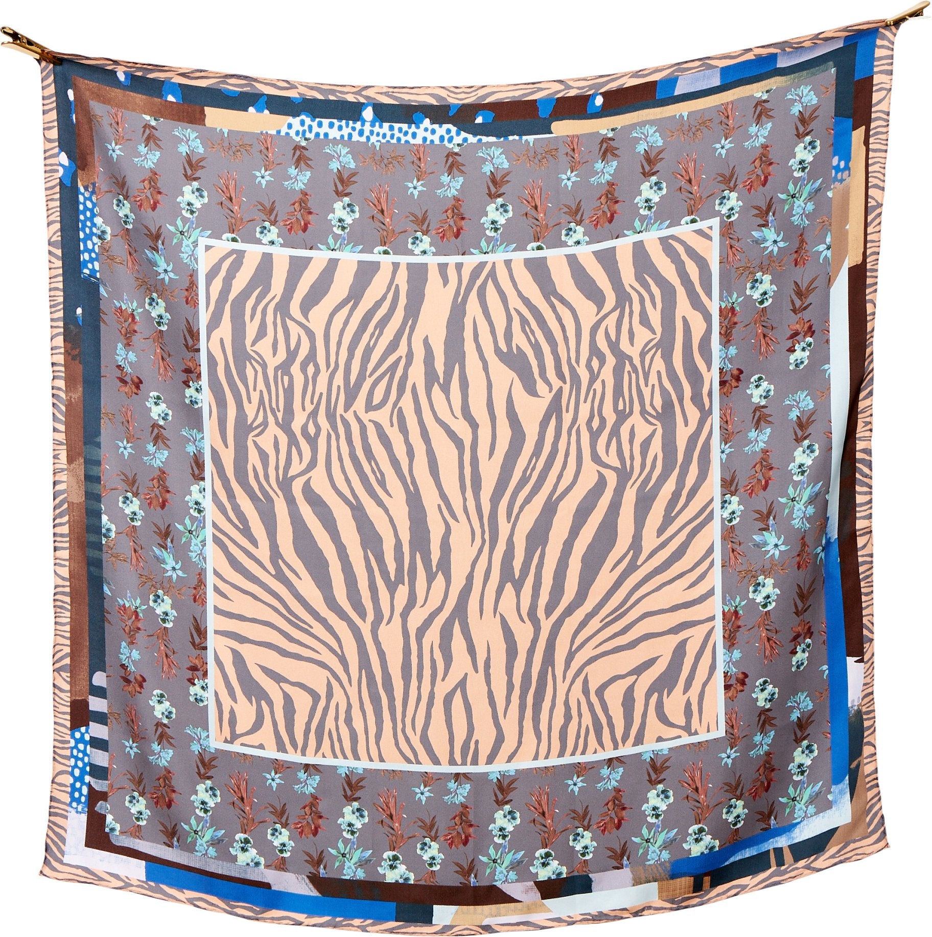 Wild Tapestry silketørklæde. 100% silke. Blå, kamel. Bella Ballou